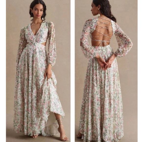 Mac Duggal Floral Sequined Cut Out Lace Up Gown A93746 Prom Dress Formal 14 UB - Picture 1 of 9